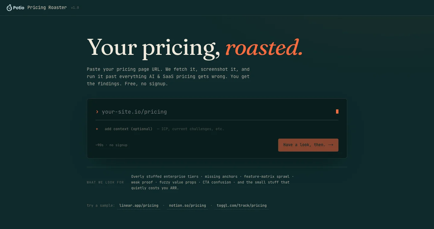 Pricing Roaster’s public page: a pricing-page URL field, optional context and a free audit in about 90 seconds